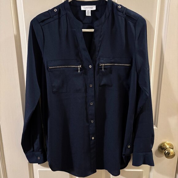 Calvin Klein Women's Navy Blue Button-Up Blouse Top ~ Small ~ EUC - Picture 1 of 5